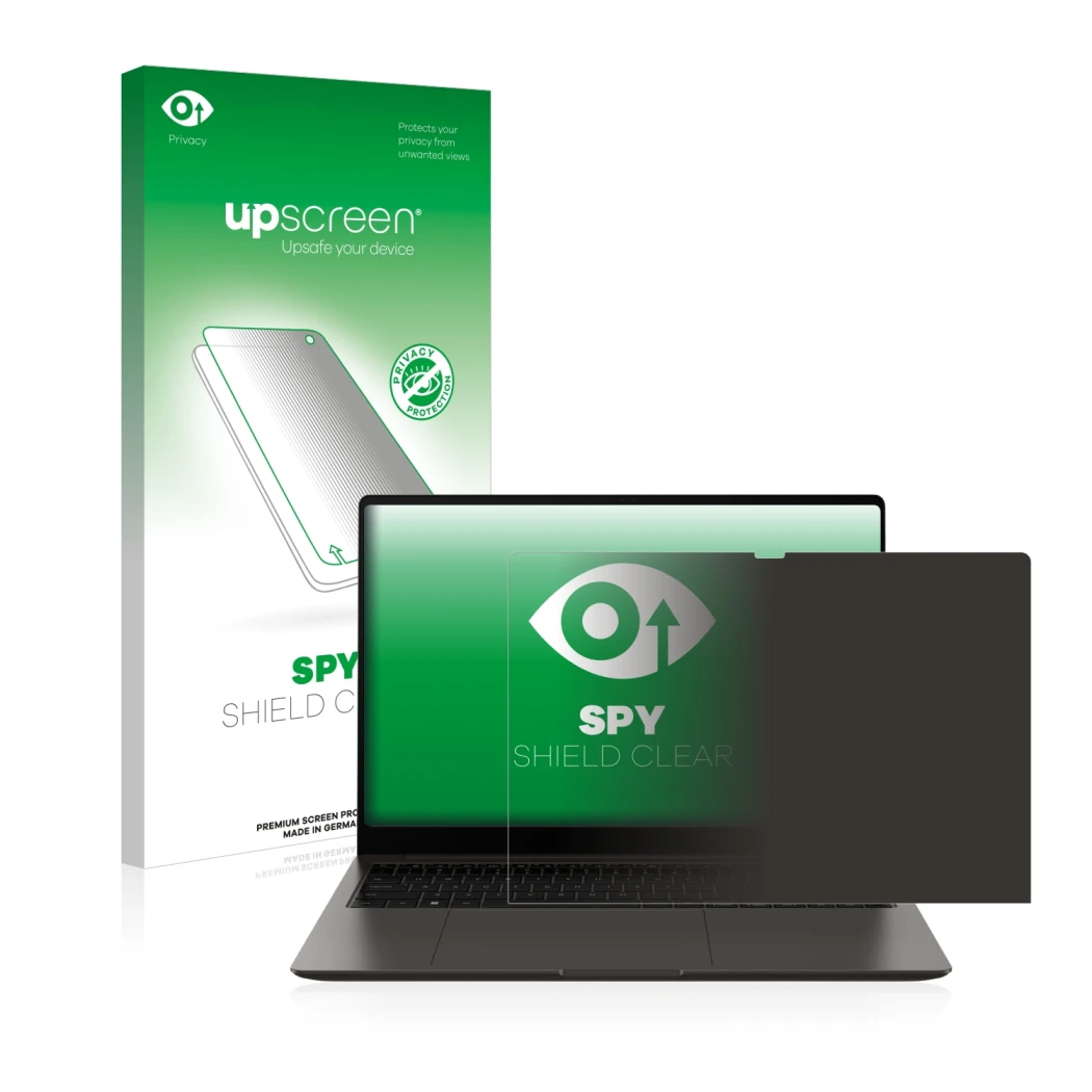 Face avant d’un emballage produit avec le logo de la marque upscreen. À côté, l’appareil Samsung Galaxy Book3 Ultra 16