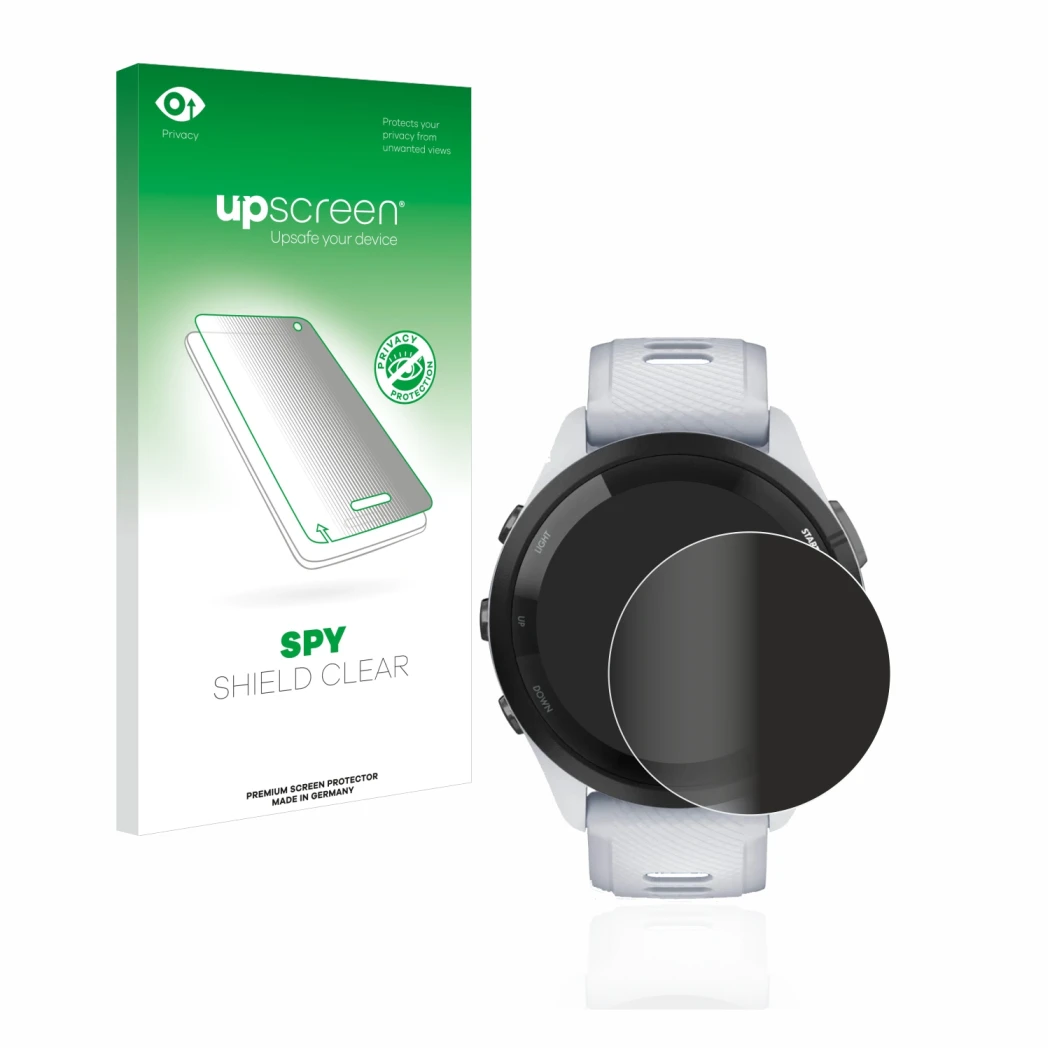 Face avant d’un emballage produit avec le logo de la marque upscreen. À côté, l’appareil Garmin Forerunner 265 (46 mm) est rep