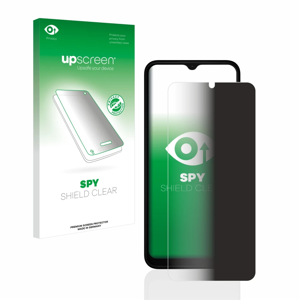 Face avant d’un emballage produit avec le logo de la marque upscreen. À côté, l’appareil Nokia C32 est représenté avec la prot