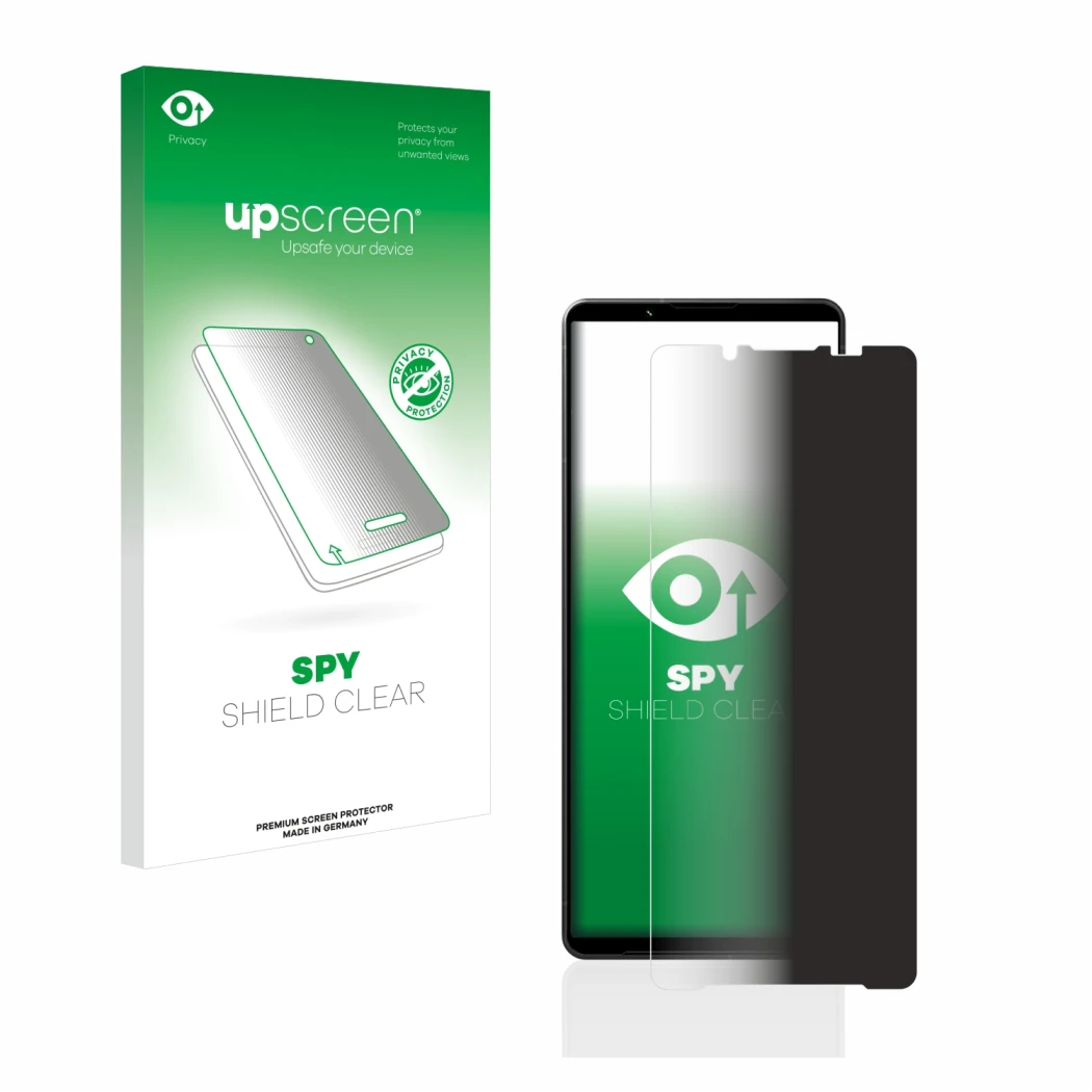 Face avant d’un emballage produit avec le logo de la marque upscreen. À côté, l’appareil Sony Xperia 1 V est représenté avec l