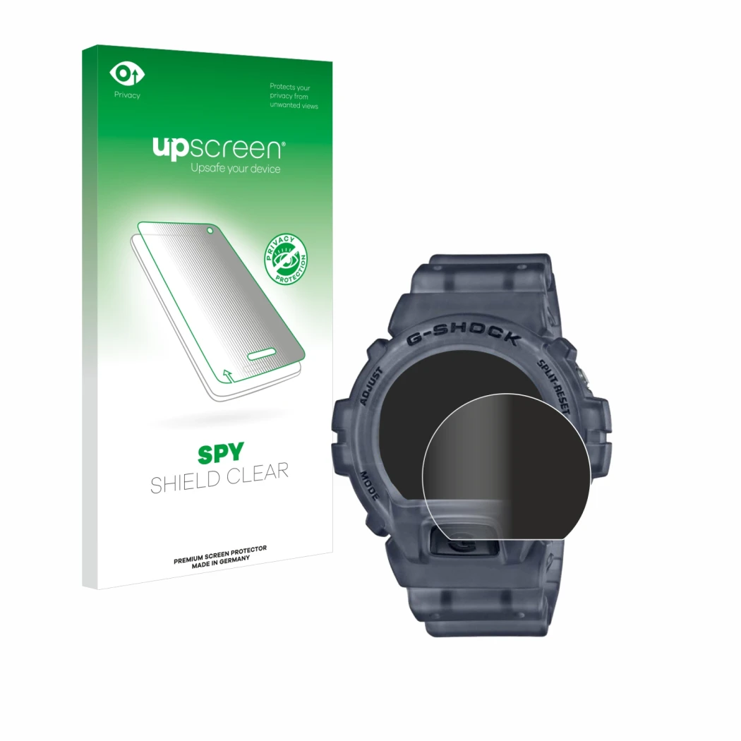 Face avant d’un emballage produit avec le logo de la marque upscreen. À côté, l’appareil Casio G-Shock DW-6900 est représenté