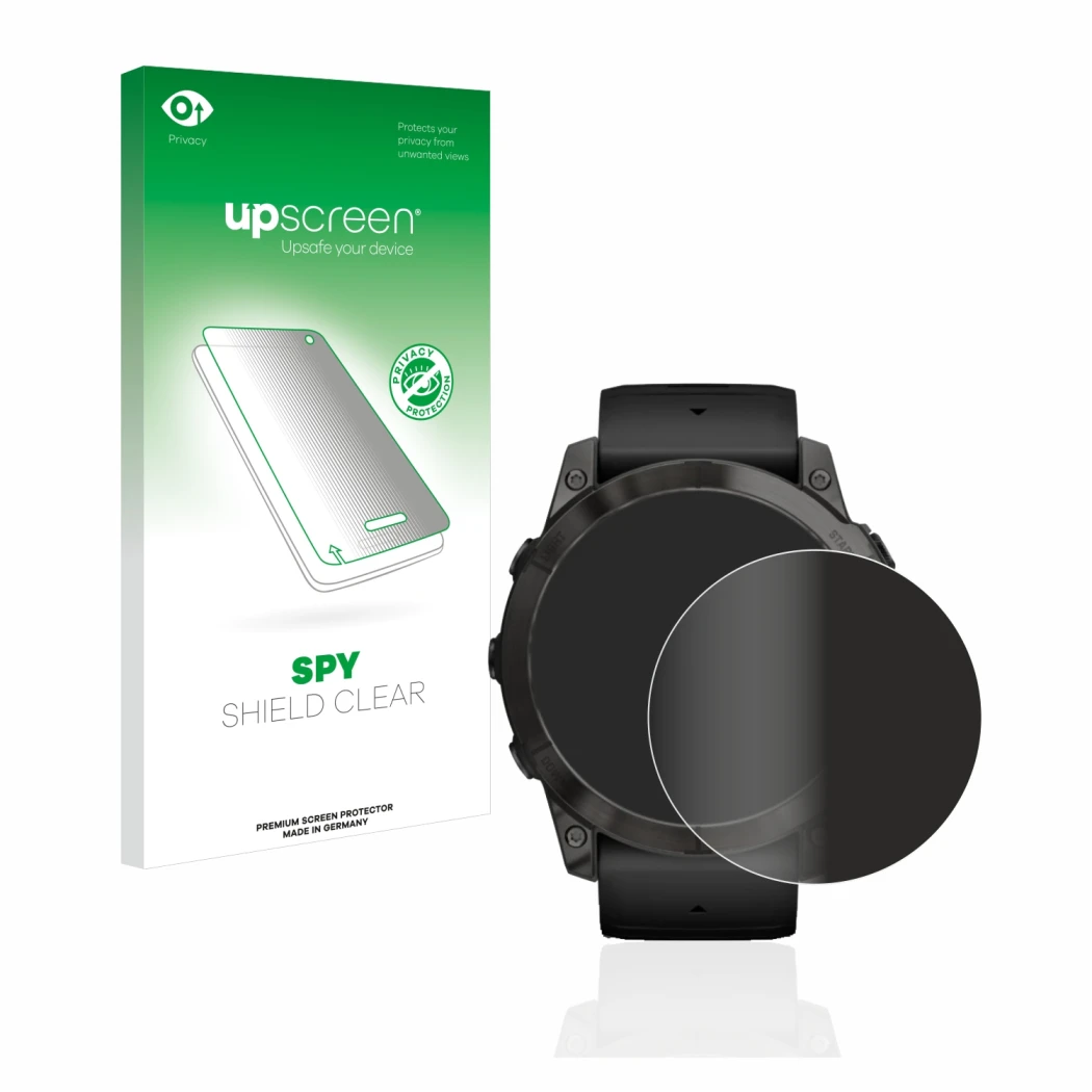 Face avant d’un emballage produit avec le logo de la marque upscreen. À côté, l’appareil Garmin Epix Pro (Gen 2) (51 mm) est r