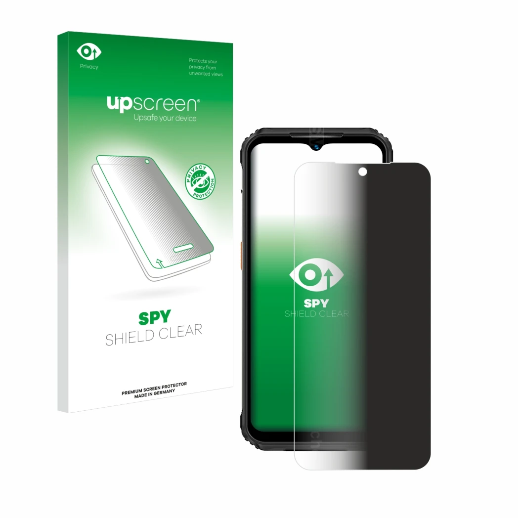Face avant d’un emballage produit avec le logo de la marque upscreen. À côté, l’appareil Ulefone Armor 21 est représenté avec