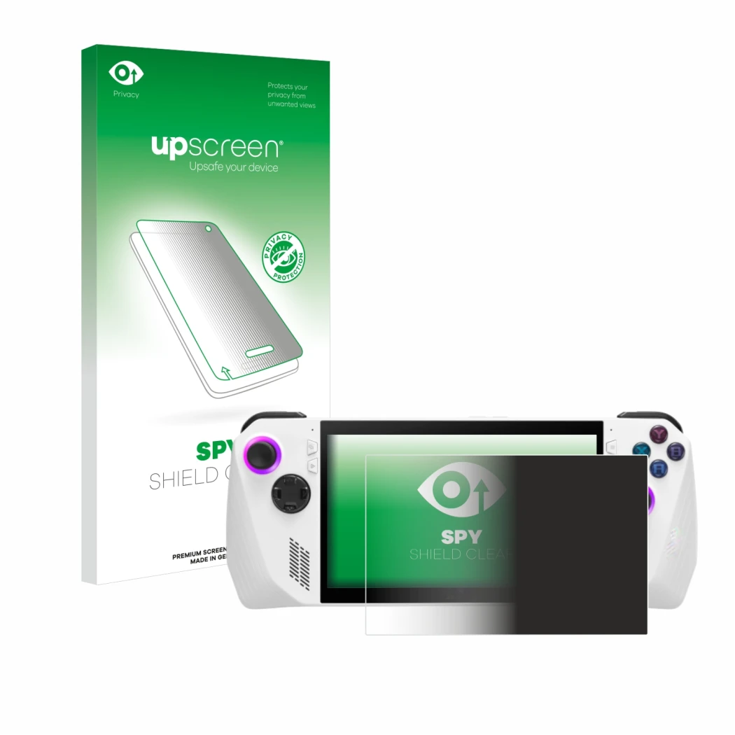 Face avant d’un emballage produit avec le logo de la marque upscreen. À côté, l’appareil ASUS ROG Ally (2023) RC71L est représ