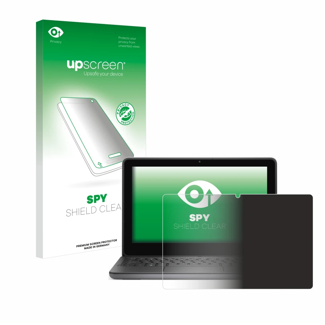 Face avant d’un emballage produit avec le logo de la marque upscreen. À côté, l’appareil Dell Latitude 3140 2-in-1 est représe