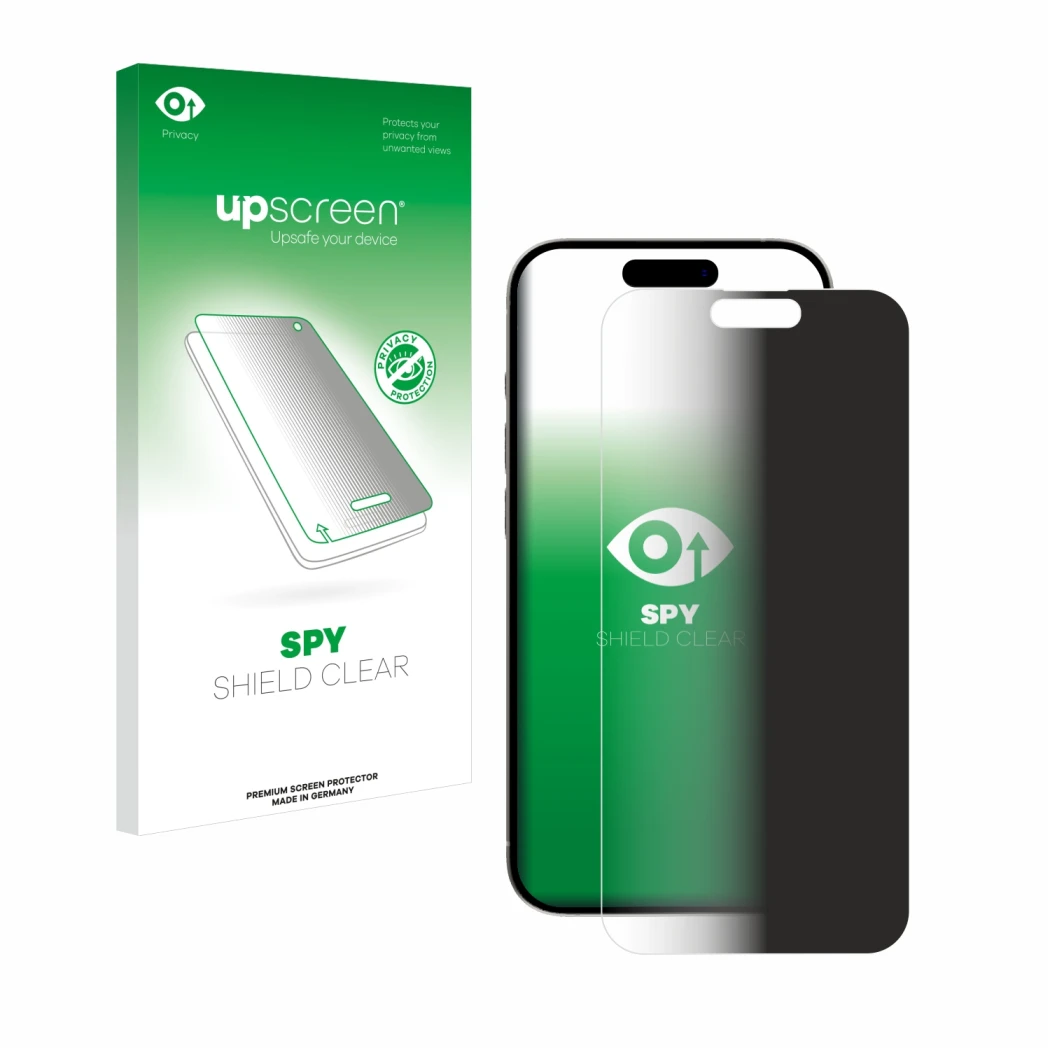Face avant d’un emballage produit avec le logo de la marque upscreen. À côté, l’appareil Apple iPhone 15 Pro Max est représent