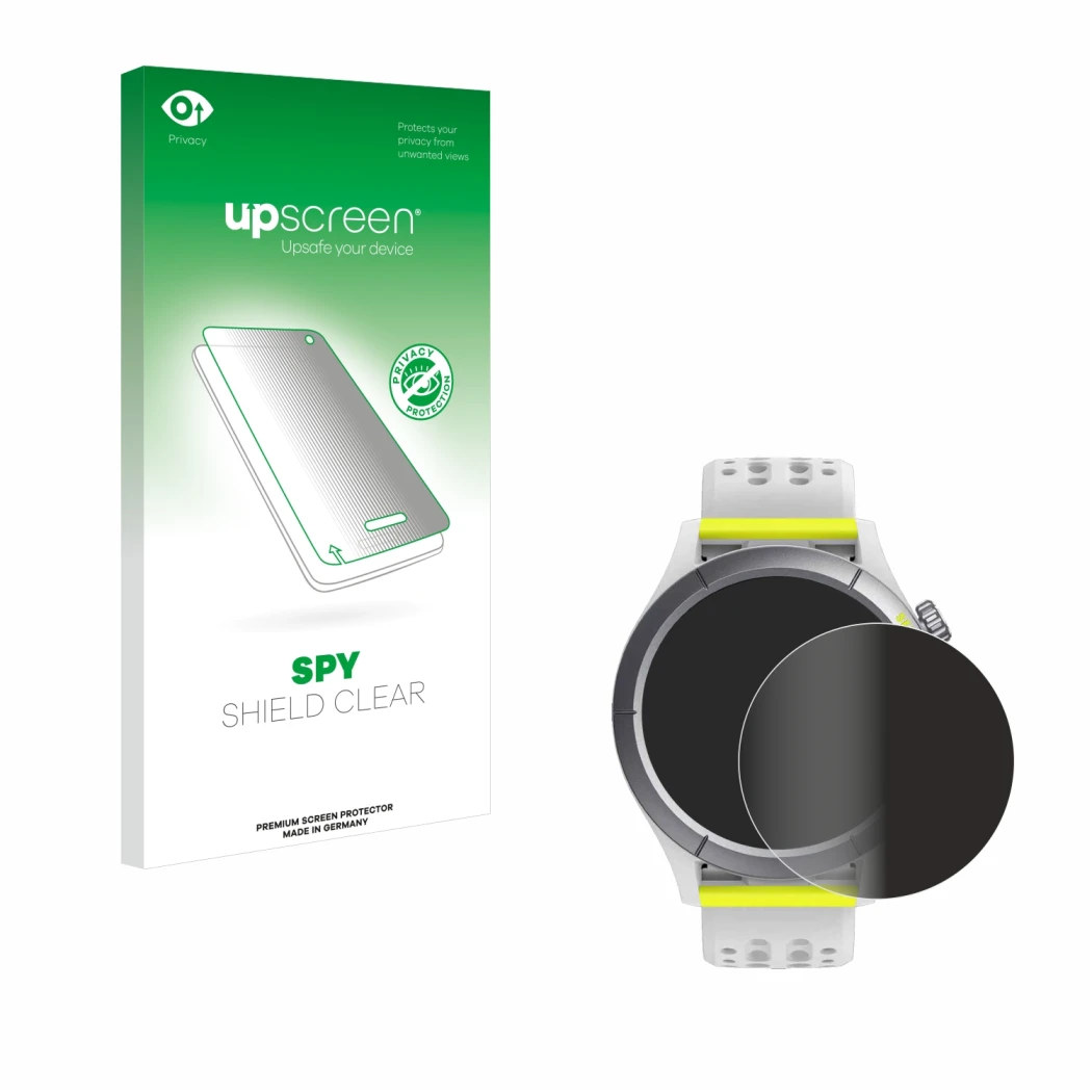 Face avant d’un emballage produit avec le logo de la marque upscreen. À côté, l’appareil Huami Amazfit Cheetah est représenté 