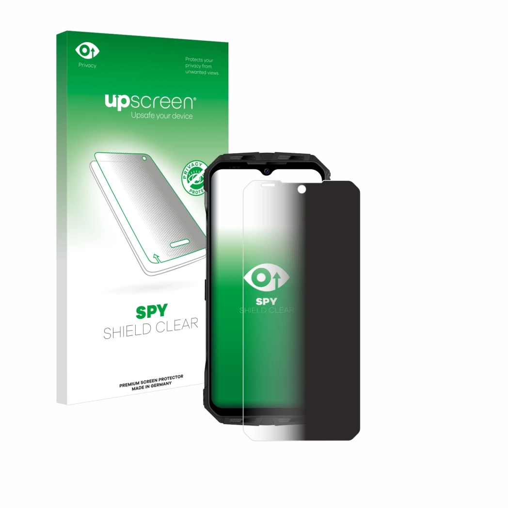 Face avant d’un emballage produit avec le logo de la marque upscreen. À côté, l’appareil Doogee V30T est représenté avec la pr