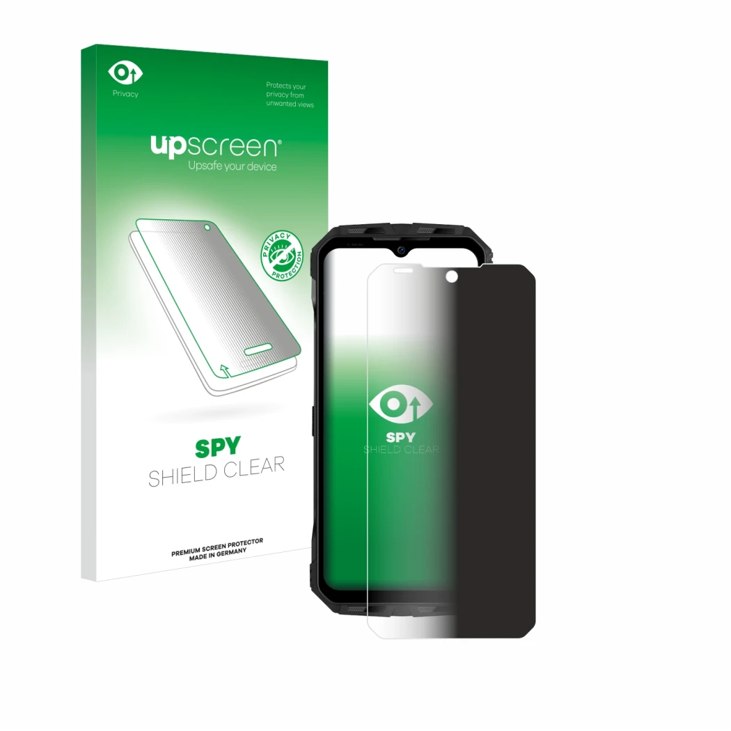 Face avant d’un emballage produit avec le logo de la marque upscreen. À côté, l’appareil Doogee V30 est représenté avec la pro