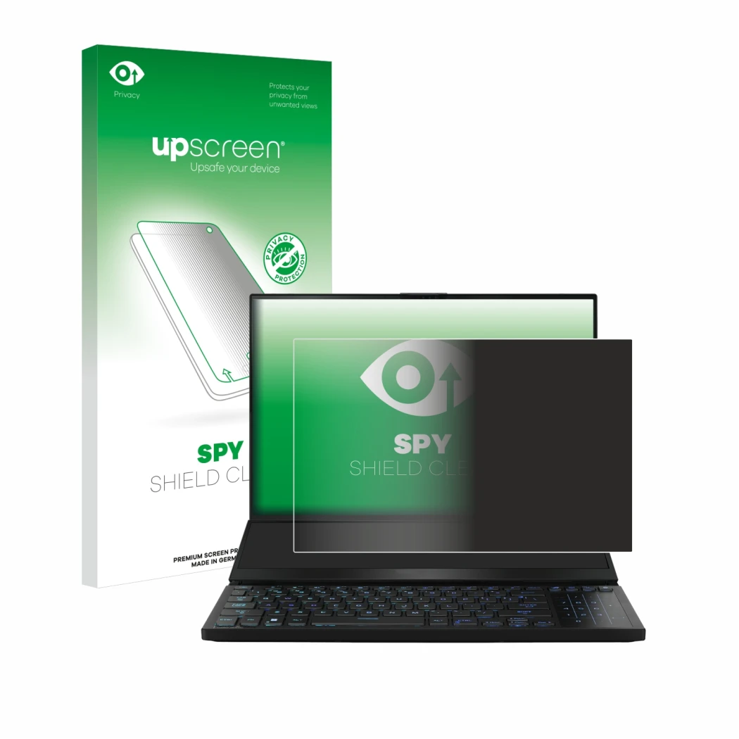 Face avant d’un emballage produit avec le logo de la marque upscreen. À côté, l’appareil ASUS ROG Zephyrus Duo 16 2023 est rep