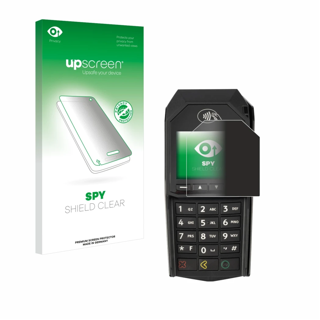 Face avant d’un emballage produit avec le logo de la marque upscreen. À côté, l’appareil ingenico Lane/3000 (non-touch) est re