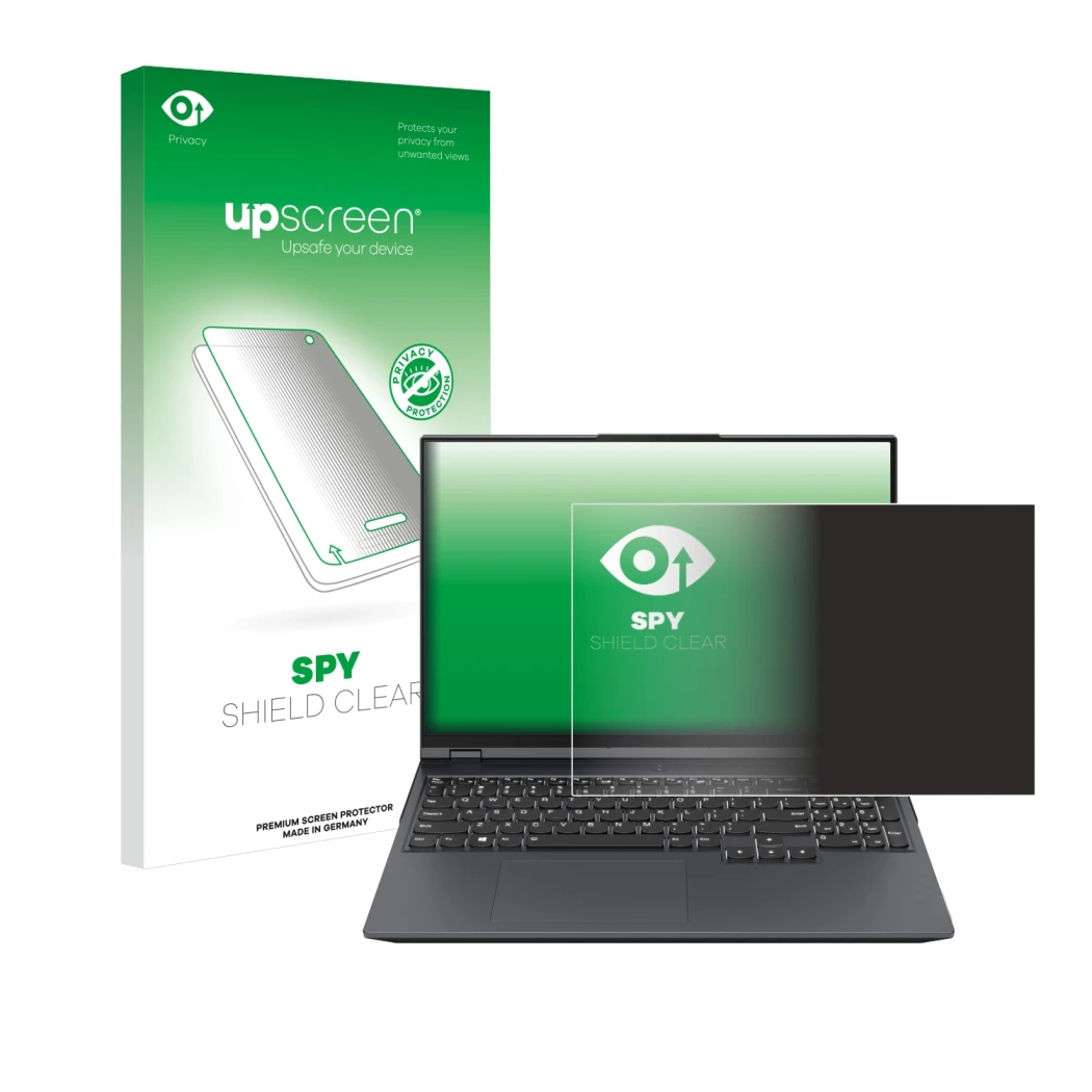Face avant d’un emballage produit avec le logo de la marque upscreen. À côté, l’appareil Lenovo Legion Pro 5i Gen 8 16