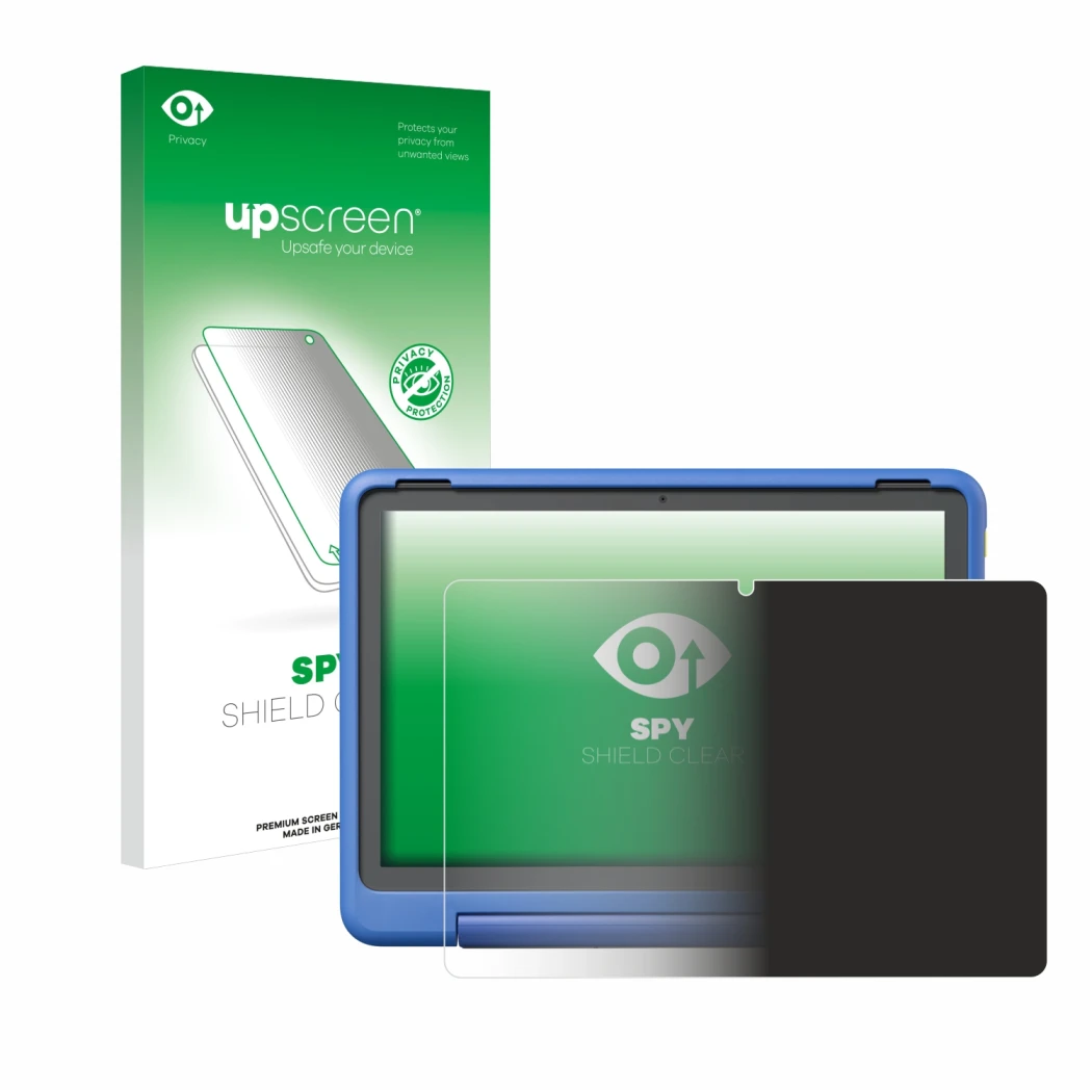 Face avant d’un emballage produit avec le logo de la marque upscreen. À côté, l’appareil Amazon Fire HD 10 Kids Pro 2023 est r