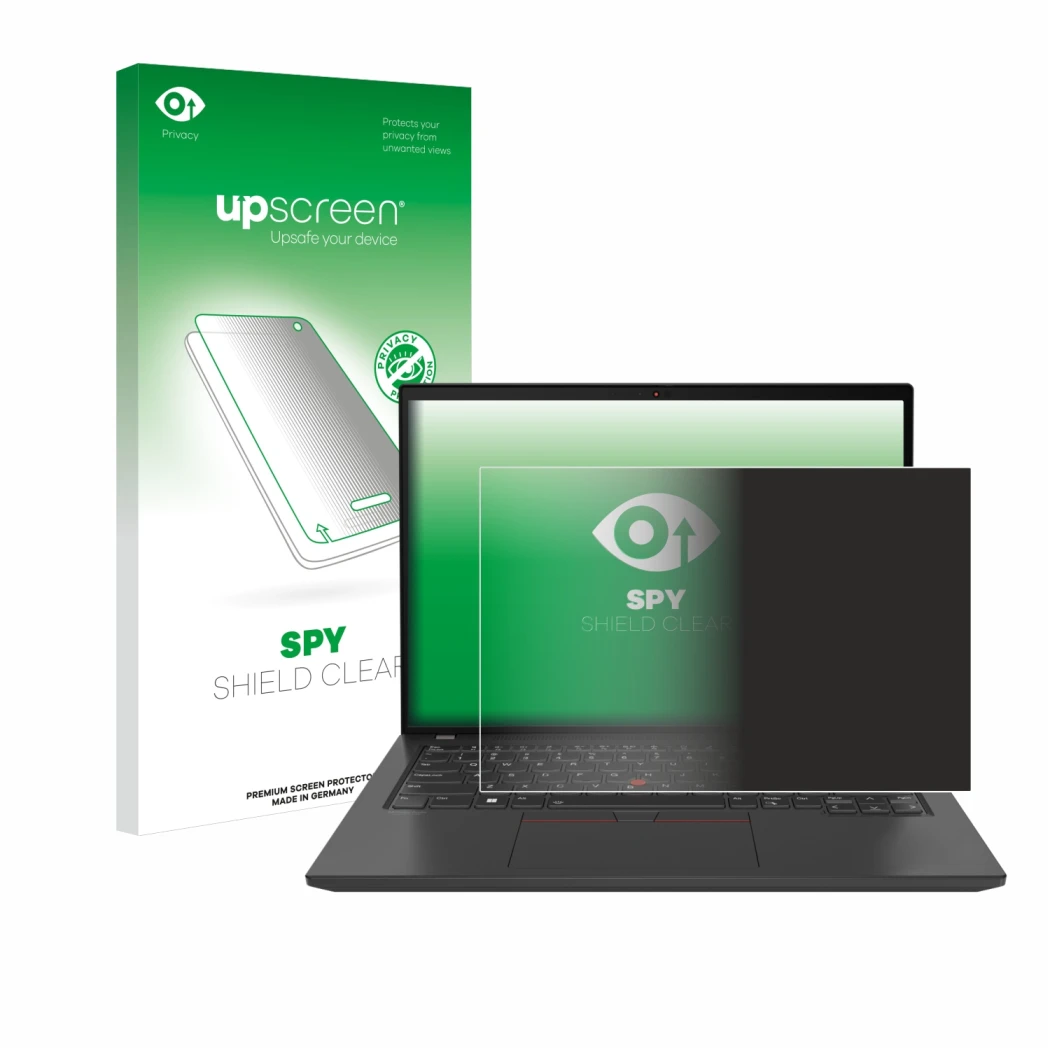 Face avant d’un emballage produit avec le logo de la marque upscreen. À côté, l’appareil Lenovo ThinkPad T16 Gen 3 est représe