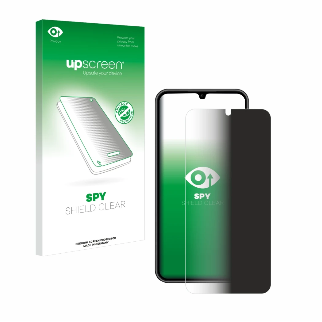 Face avant d’un emballage produit avec le logo de la marque upscreen. À côté, l’appareil Samsung Galaxy A34 5G Enterprise Edit