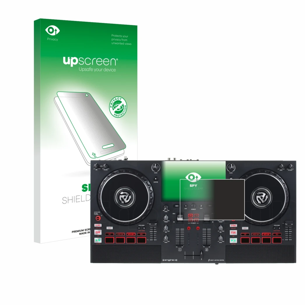 Face avant d’un emballage produit avec le logo de la marque upscreen. À côté, l’appareil Numark Mixstream Pro+ est représenté