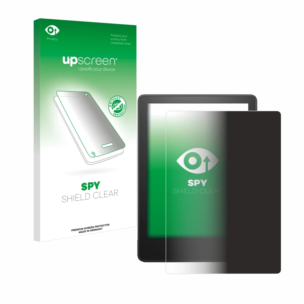 Face avant d’un emballage produit avec le logo de la marque upscreen. À côté, l’appareil Amazon Kindle Paperwhite 2023 (11ème 