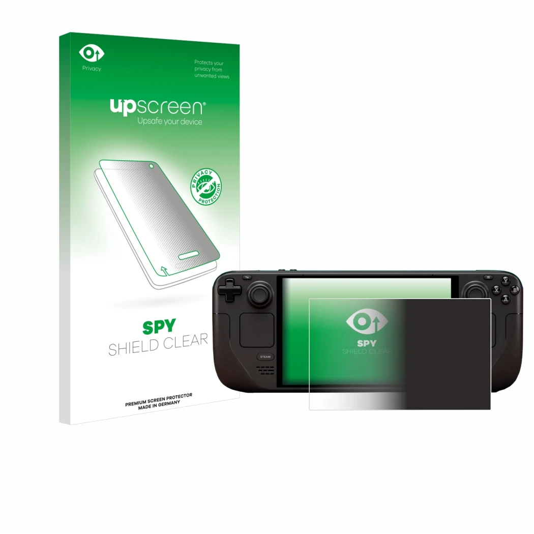Face avant d’un emballage produit avec le logo de la marque upscreen. À côté, l’appareil Valve Steam Deck OLED est représenté 