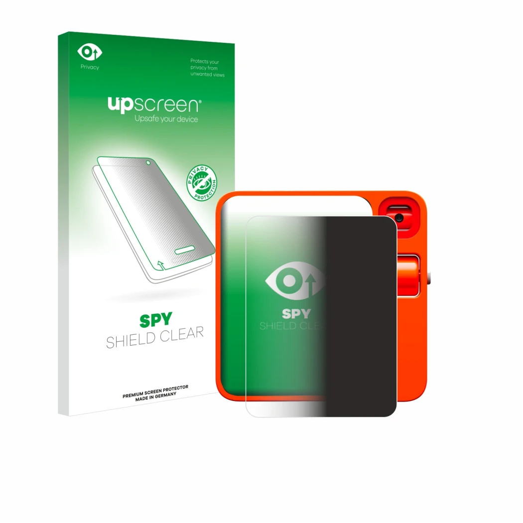 Face avant d’un emballage produit avec le logo de la marque upscreen. À côté, l’appareil rabbit r1 est représenté avec la prot