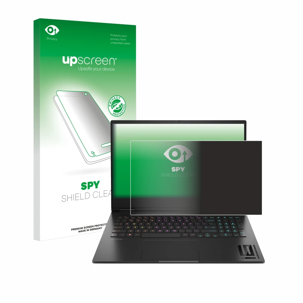Face avant d’un emballage produit avec le logo de la marque upscreen. À côté, l’appareil HP Omen 16 2024 est représenté avec l