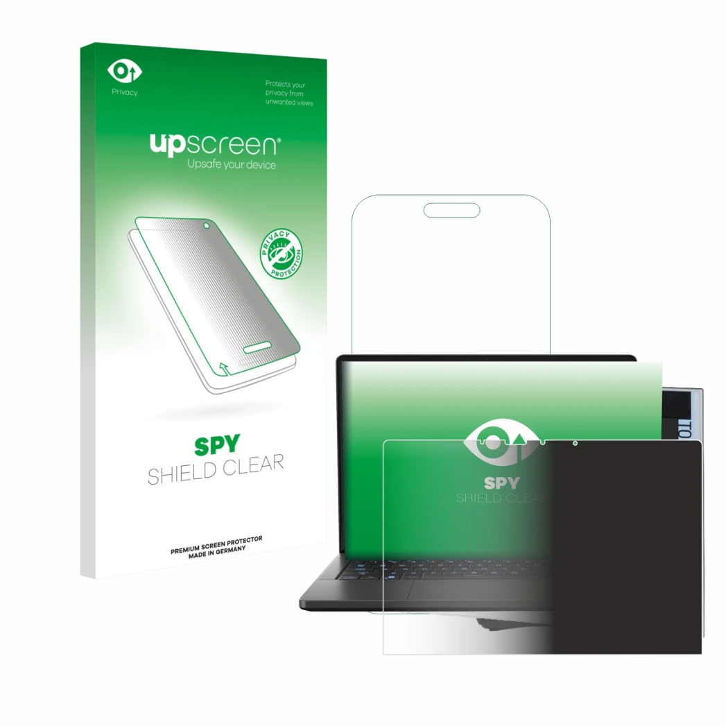 Face avant d’un emballage produit avec le logo de la marque upscreen. À côté, l’appareil ASUS ROG Zephyrus G14 2024 GA403 est 