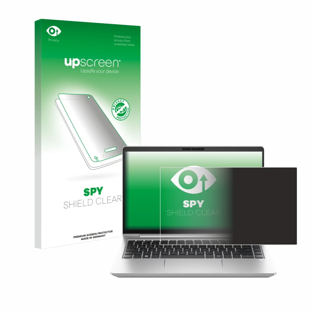 Face avant d’un emballage produit avec le logo de la marque upscreen. À côté, l’appareil HP ProBook 440 G10 est représenté ave