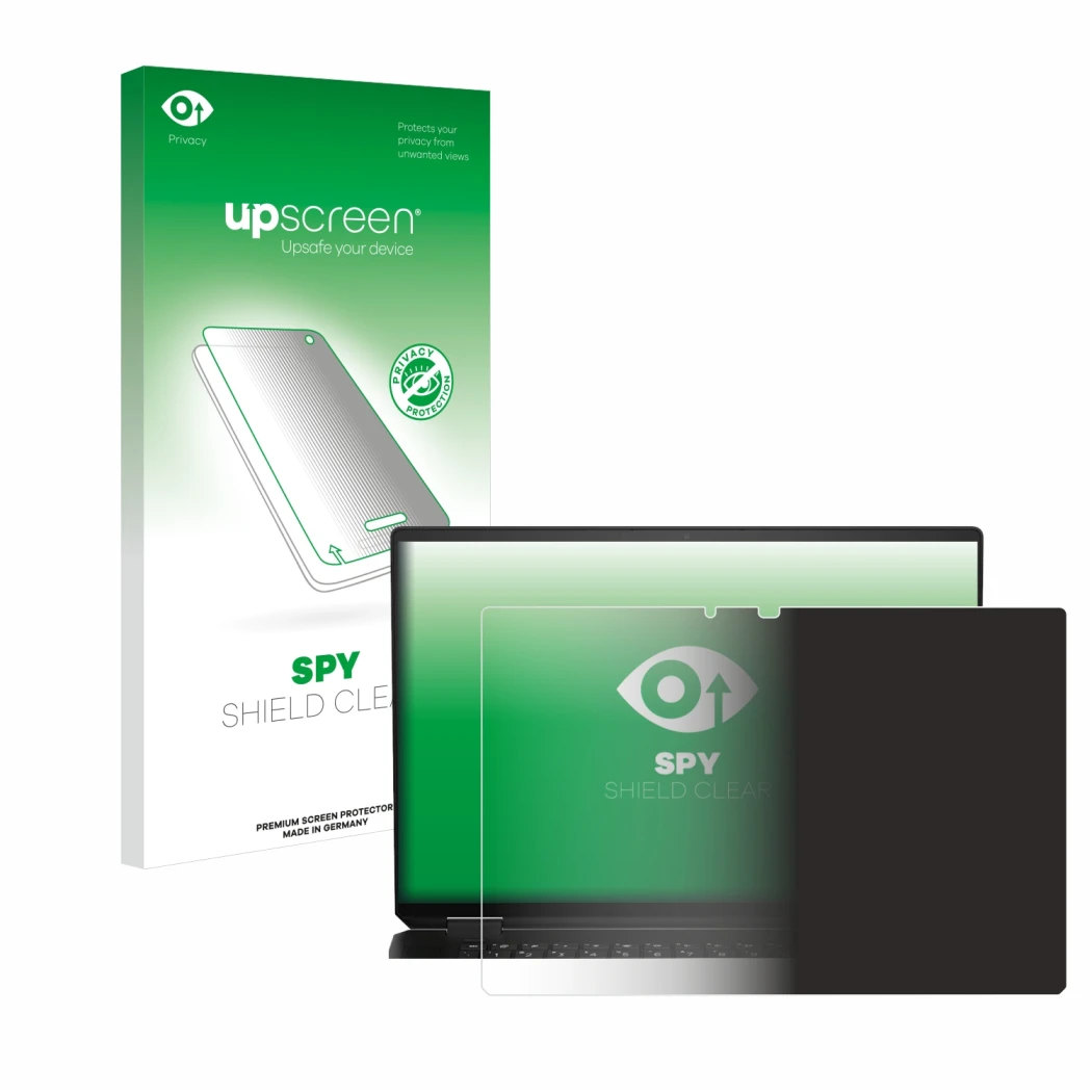 Face avant d’un emballage produit avec le logo de la marque upscreen. À côté, l’appareil HP Spectre x360 16
