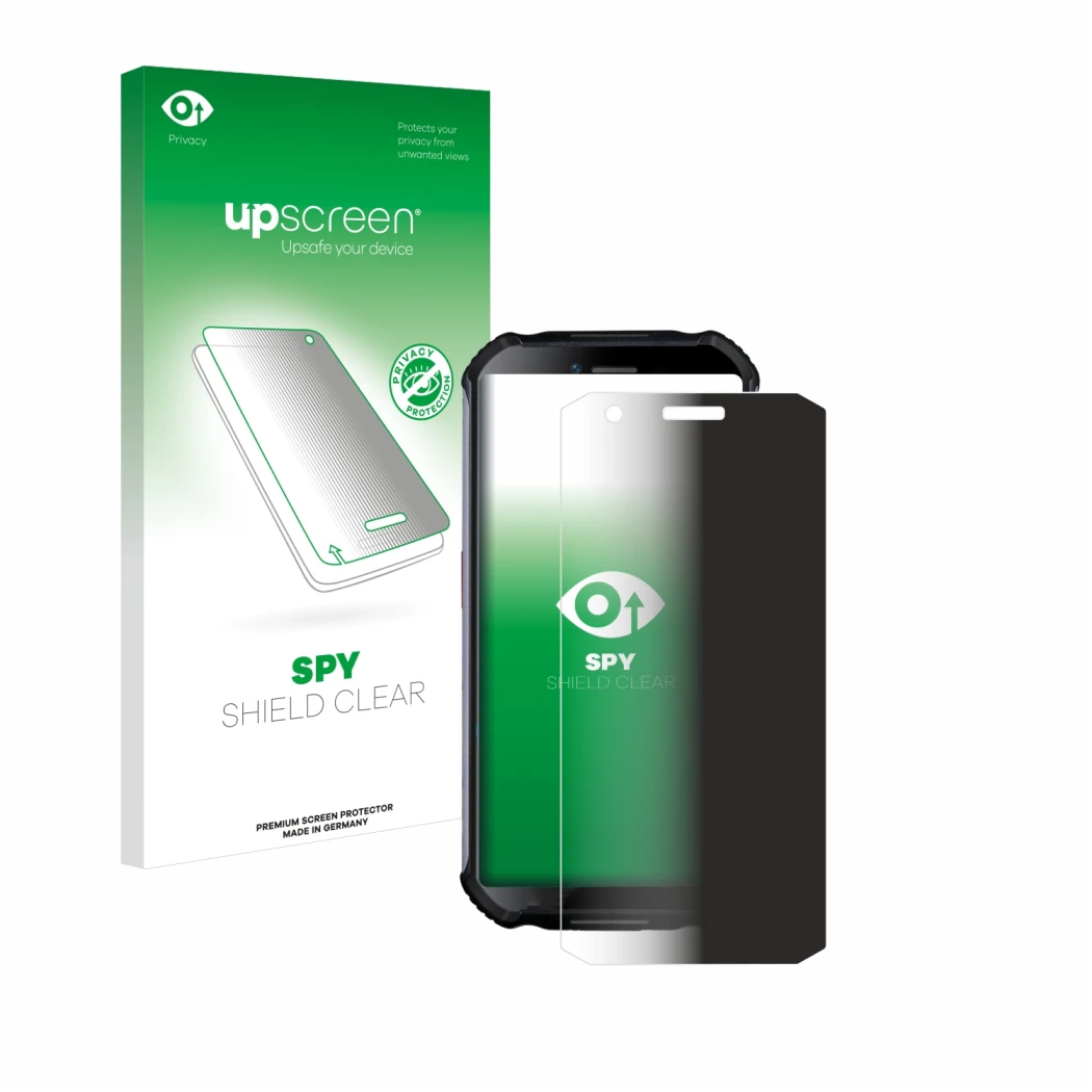Face avant d’un emballage produit avec le logo de la marque upscreen. À côté, l’appareil Doogee S41 Plus est représenté avec l