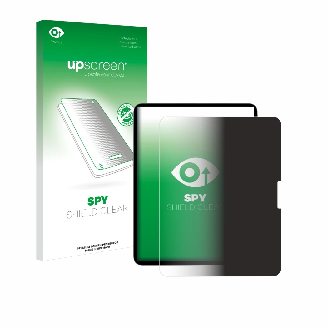 Face avant d’un emballage produit avec le logo de la marque upscreen. À côté, l’appareil Apple iPad Pro 13