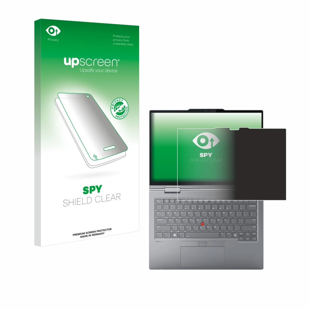 Face avant d’un emballage produit avec le logo de la marque upscreen. À côté, l’appareil Lenovo ThinkPad X1 2-in-1 Gen 9 14