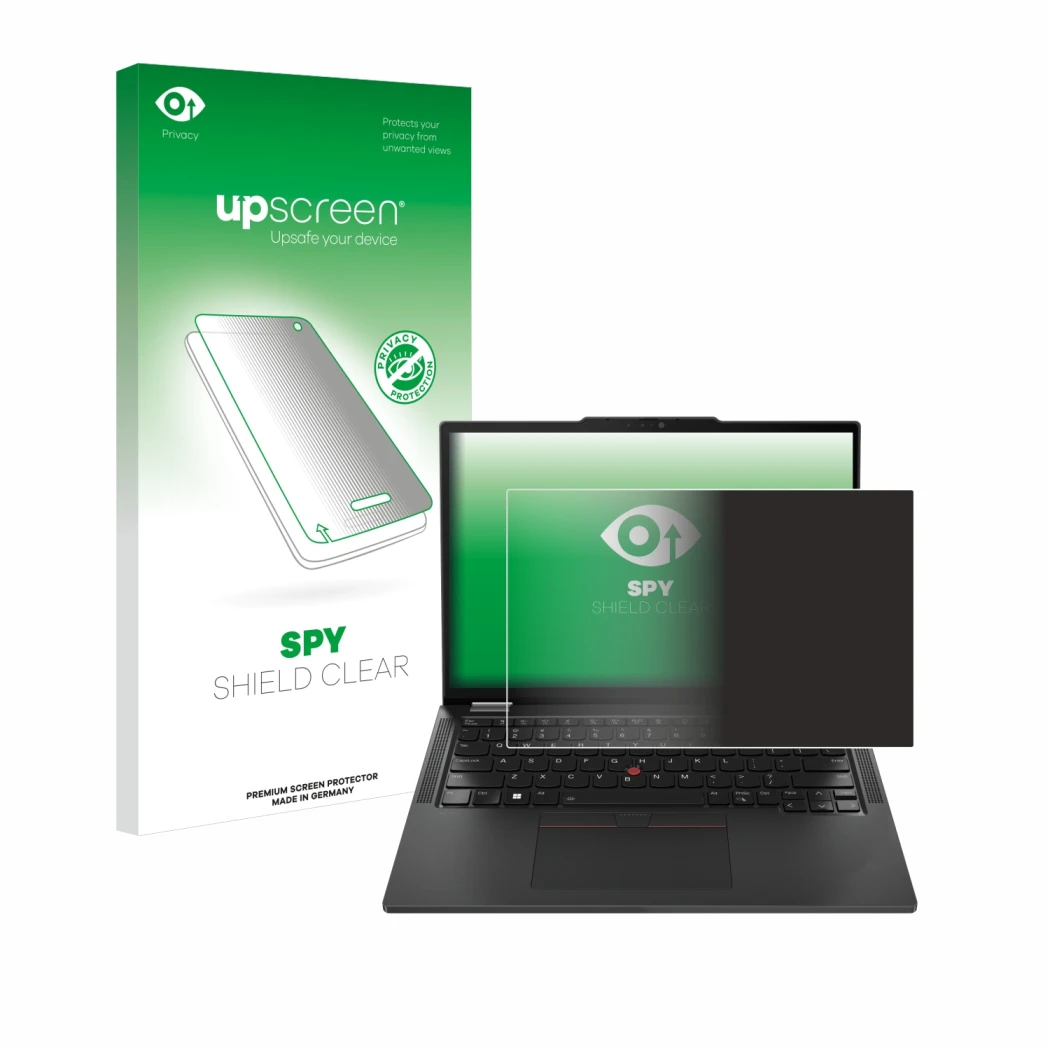 Face avant d’un emballage produit avec le logo de la marque upscreen. À côté, l’appareil Lenovo ThinkPad X13 Gen 5 est représe