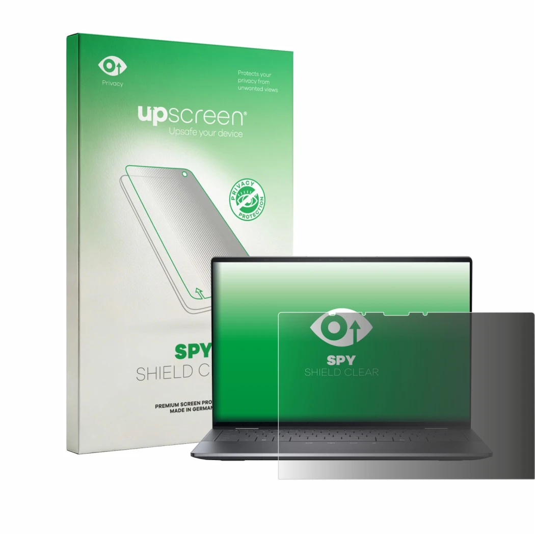 Face avant d’un emballage produit avec le logo de la marque upscreen. À côté, l’appareil Dell Latitude 9450 2-in-1 est représe