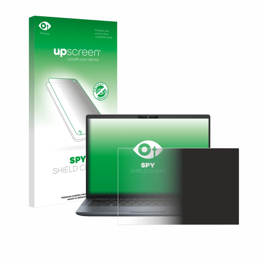 Face avant d’un emballage produit avec le logo de la marque upscreen. À côté, l’appareil Dell Latitude 7350 Laptop est représe