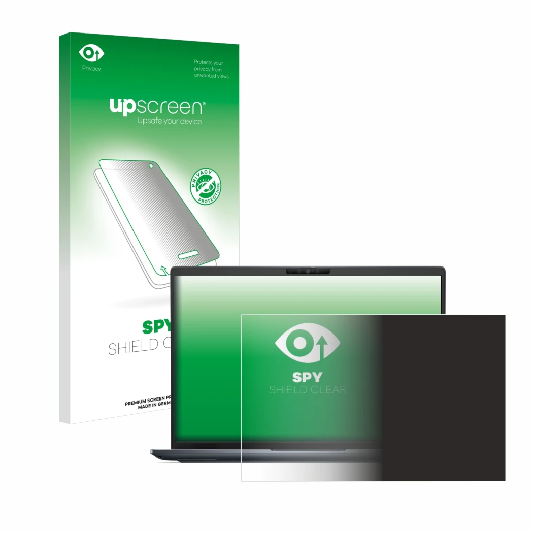 Face avant d’un emballage produit avec le logo de la marque upscreen. À côté, l’appareil Dell Latitude 7450 Laptop est représe