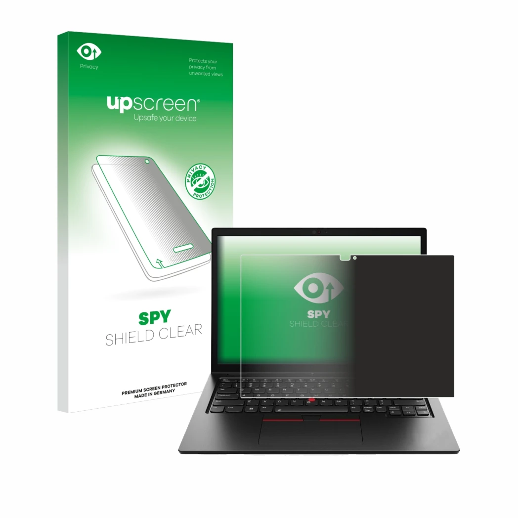 Face avant d’un emballage produit avec le logo de la marque upscreen. À côté, l’appareil Lenovo ThinkPad L13 2-in-1 Gen 5 est 