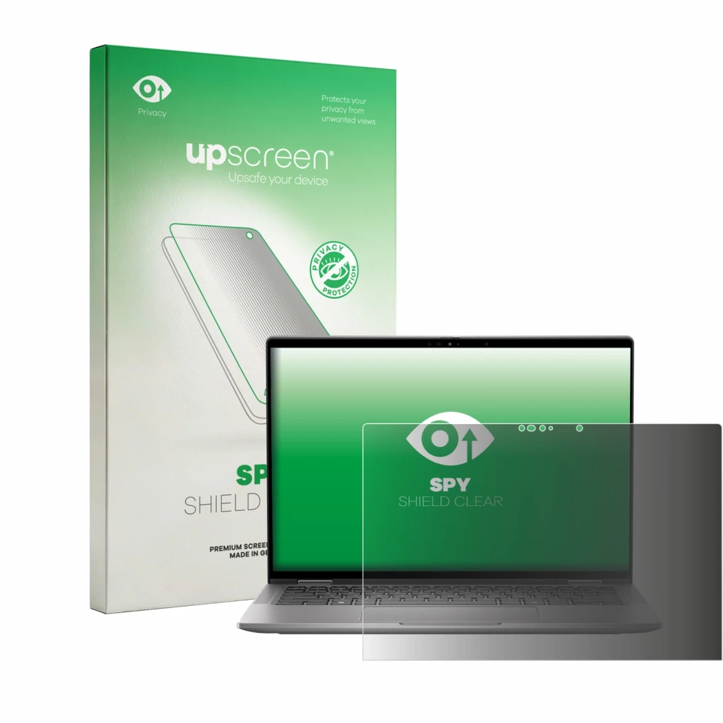 Face avant d’un emballage produit avec le logo de la marque upscreen. À côté, l’appareil Dell Latitude 7350 2-in-1 est représe