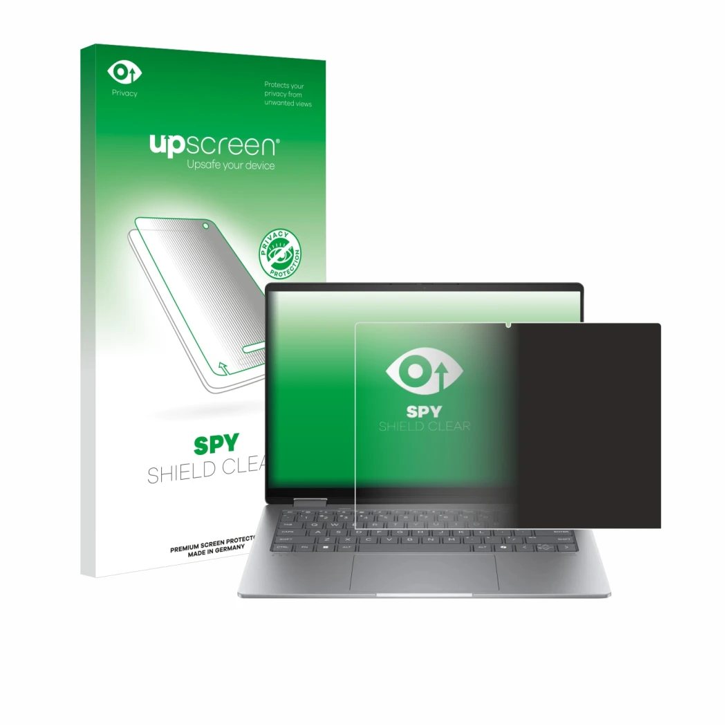 Face avant d’un emballage produit avec le logo de la marque upscreen. À côté, l’appareil HP Envy x360 14 2-in-1 est représenté