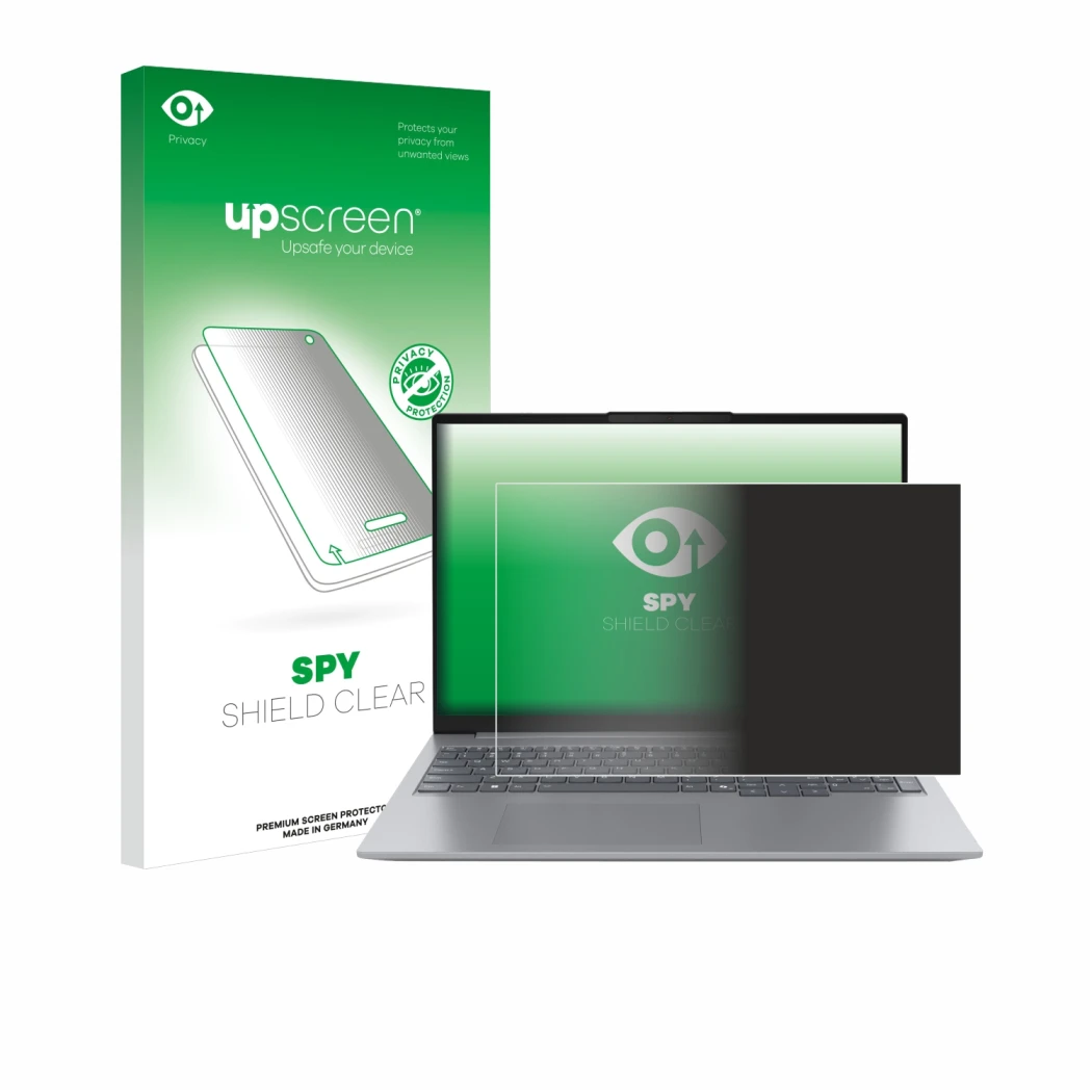 Face avant d’un emballage produit avec le logo de la marque upscreen. À côté, l’appareil Lenovo ThinkBook 16 Gen 7 est représe