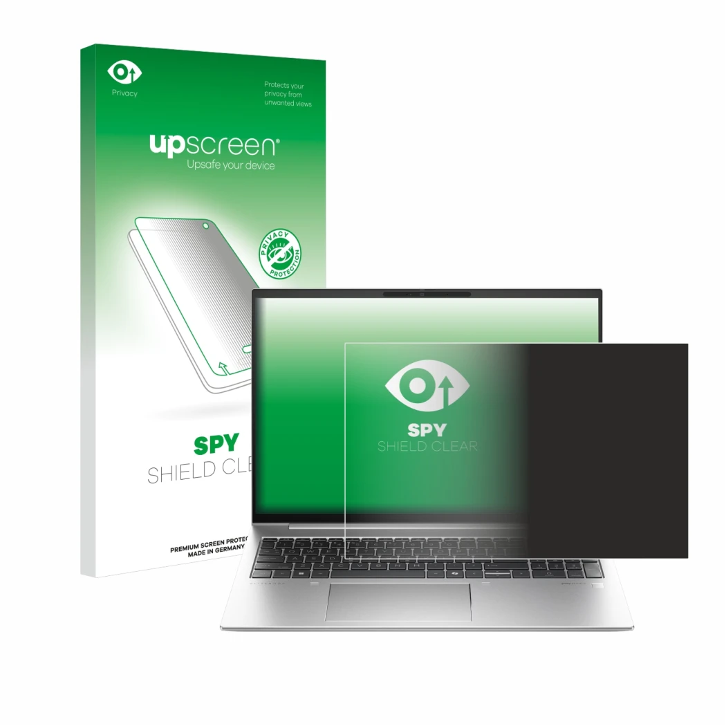 Face avant d’un emballage produit avec le logo de la marque upscreen. À côté, l’appareil HP EliteBook 860 G11 est représenté a