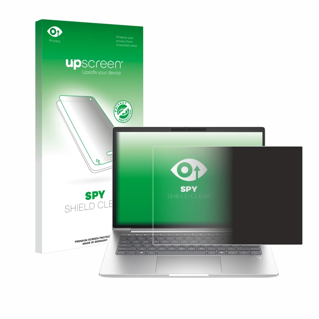 Face avant d’un emballage produit avec le logo de la marque upscreen. À côté, l’appareil HP EliteBook 640 G11 est représenté a