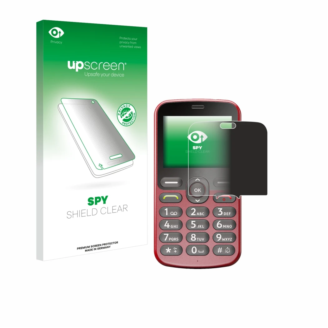 Face avant d’un emballage produit avec le logo de la marque upscreen. À côté, l’appareil Doro 1880 est représenté avec la prot