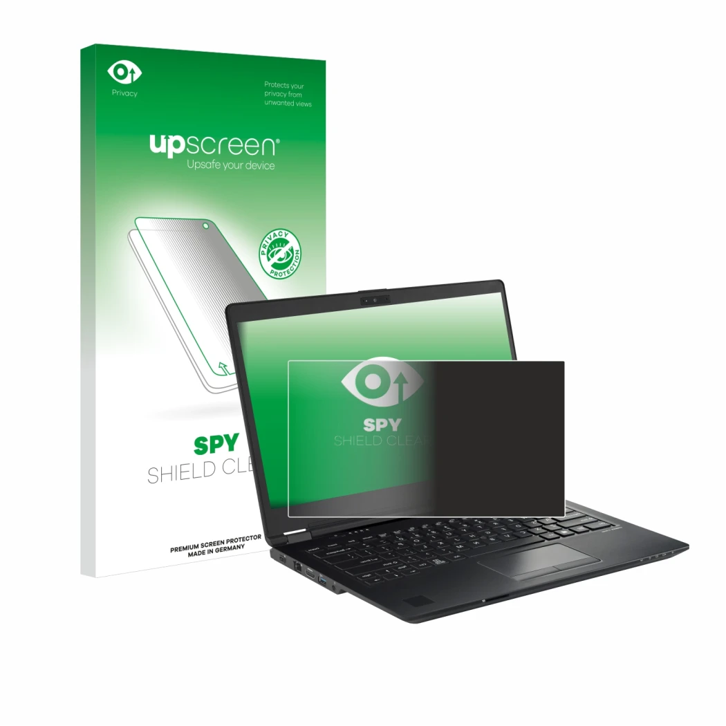 Face avant d’un emballage produit avec le logo de la marque upscreen. À côté, l’appareil Fujitsu Lifebook U7410 est représenté