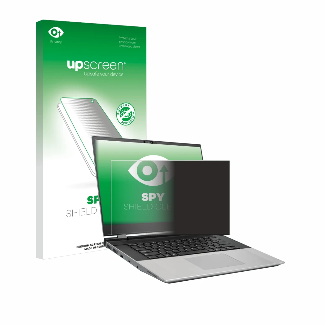 Face avant d’un emballage produit avec le logo de la marque upscreen. À côté, l’appareil Framework Laptop 16 est représenté av