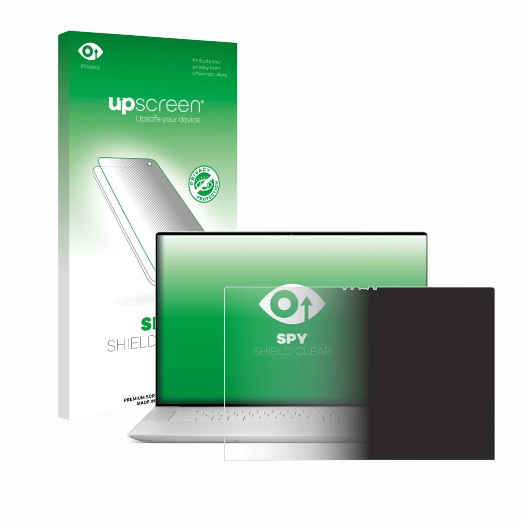 Face avant d’un emballage produit avec le logo de la marque upscreen. À côté, l’appareil Dell XPS 16 9640 est représenté avec