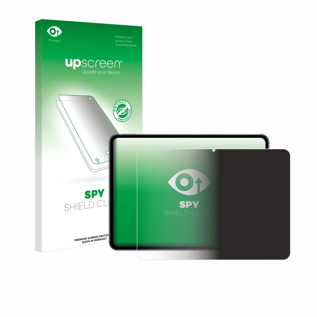 Face avant d’un emballage produit avec le logo de la marque upscreen. À côté, l’appareil OnePlus Pad 2 est représenté avec la