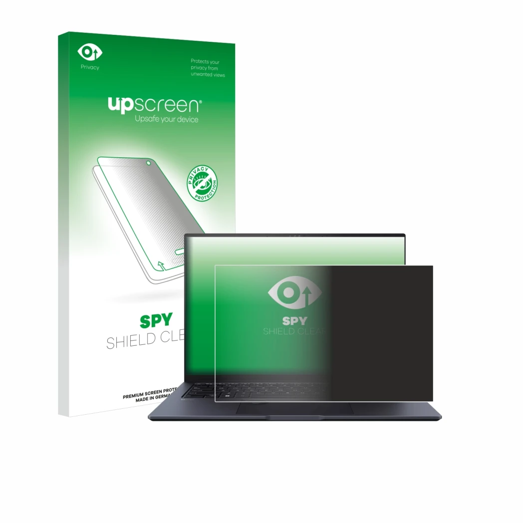 Face avant d’un emballage produit avec le logo de la marque upscreen. À côté, l’appareil ASUS ZenBook Pro 14 UX6404V est repré