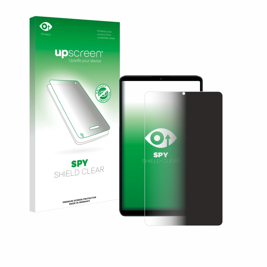 Face avant d’un emballage produit avec le logo de la marque upscreen. À côté, l’appareil Xiaomi Redmi Pad SE 8.7 est représent