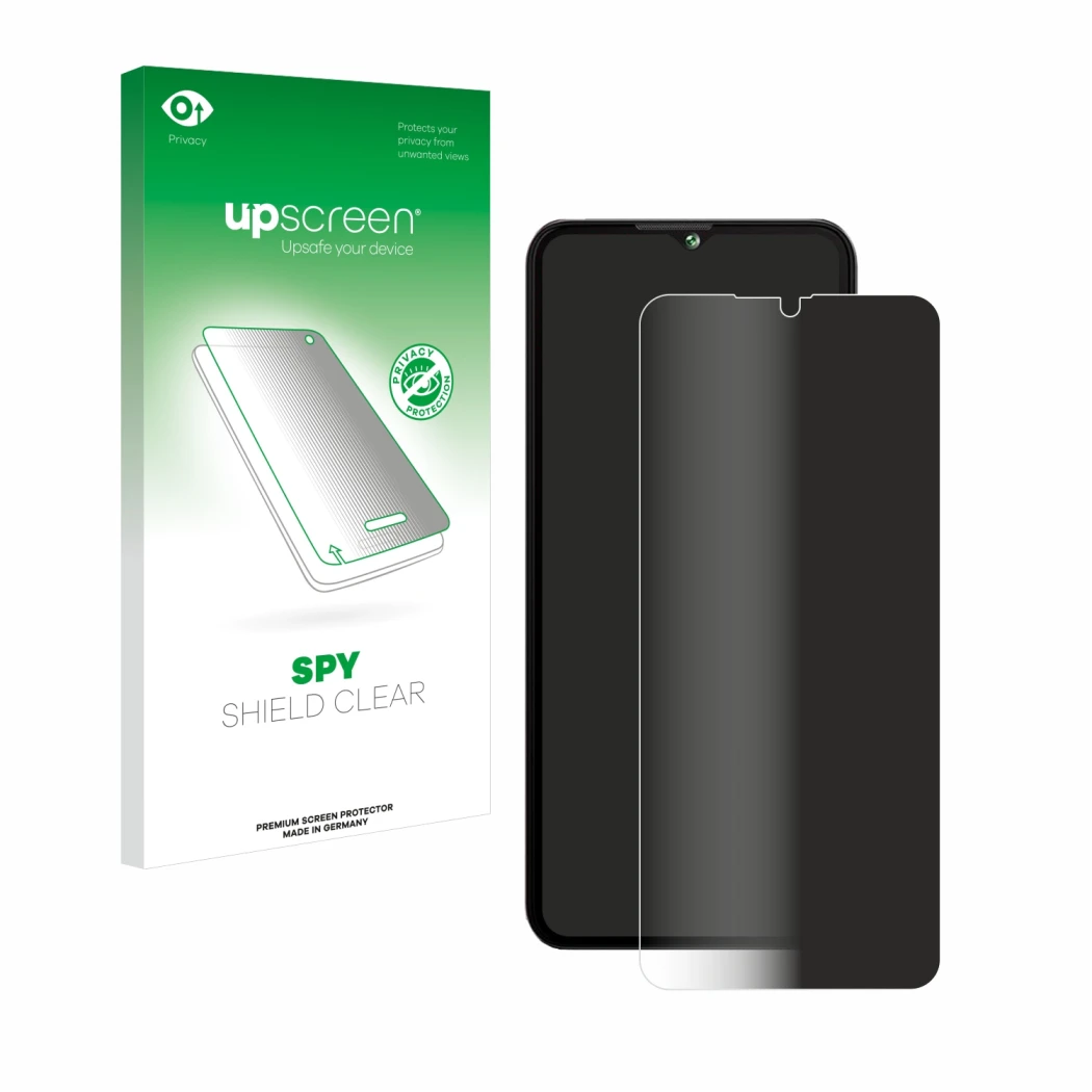 Face avant d’un emballage produit avec le logo de la marque upscreen. À côté, l’appareil Cubot A10 est représenté avec la prot