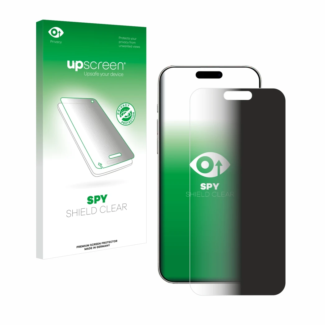 Face avant d’un emballage produit avec le logo de la marque upscreen. À côté, l’appareil Apple iPhone 16 Pro est représenté av