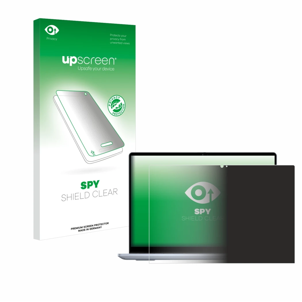Face avant d’un emballage produit avec le logo de la marque upscreen. À côté, l’appareil Dell Inspiron 14 7445 2-in-1 est repr